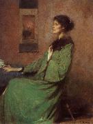 Thomas Wilmer Dewing Portrait of lady holding one rose oil on canvas